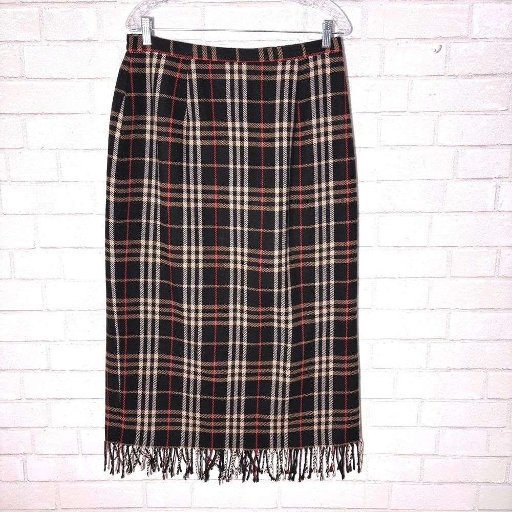 Briggs Wool Blend Tartan Maxi‎ Skirt 14 Fringe Plaid Western Heritage Old Money